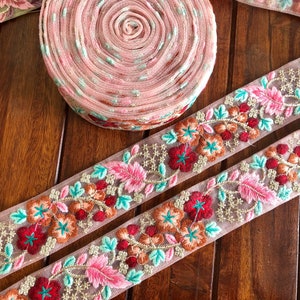 Net fabric Indian trim, Embroidered Trim, Saree Border, boho wedding dress, head dress, junk journals ephemera, Art Quilts, Table Runner Pink 2(Base Clr)