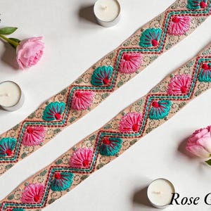 Embroidered Silk Sari Ribbon Trim - Bohemian Fabric Border for Diy crafts , wedding dress, boho skirts, fusion jackets Rose gold