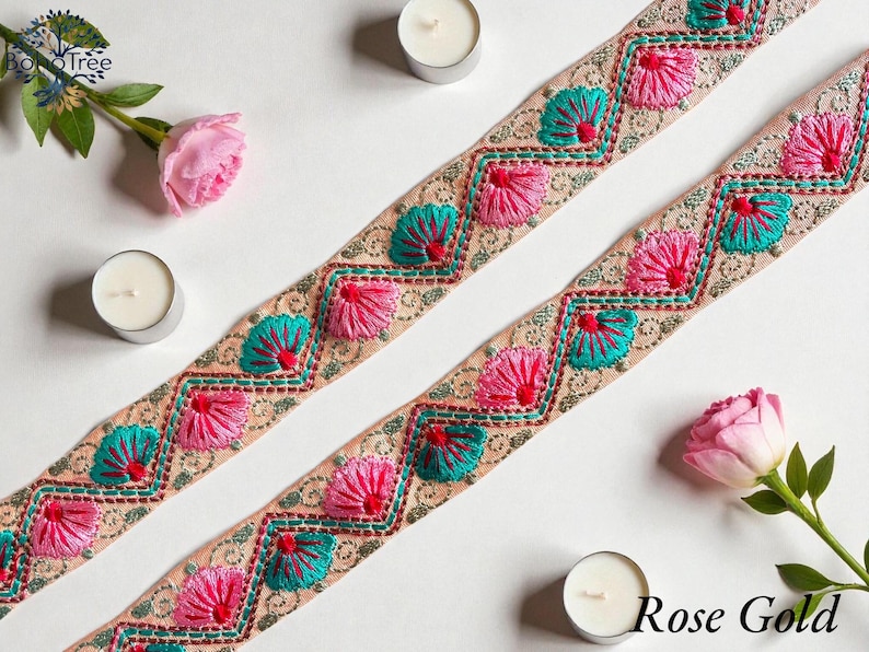 Embroidered Silk Sari Ribbon Trim - Bohemian Fabric Border for Diy crafts , wedding dress, boho skirts, fusion jackets Rose gold