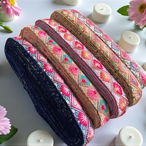Embroidered Silk Sari Ribbon Trim - Bohemian Fabric Border for Diy crafts , wedding dress, boho skirts, fusion jackets image 1