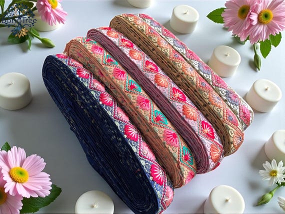 Embroidered Silk Sari Ribbon Trim - Bohemian Fabric Border for Diy crafts , wedding dress, boho skirts, fusion jackets