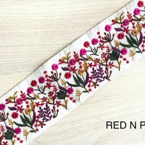 Embroidered Sari Fabric Trim Ribbon for boho clothing, Wedding Dress, Sari Border, Saree Border, Indian Trim By The Yard, Table Runner Red N Pink