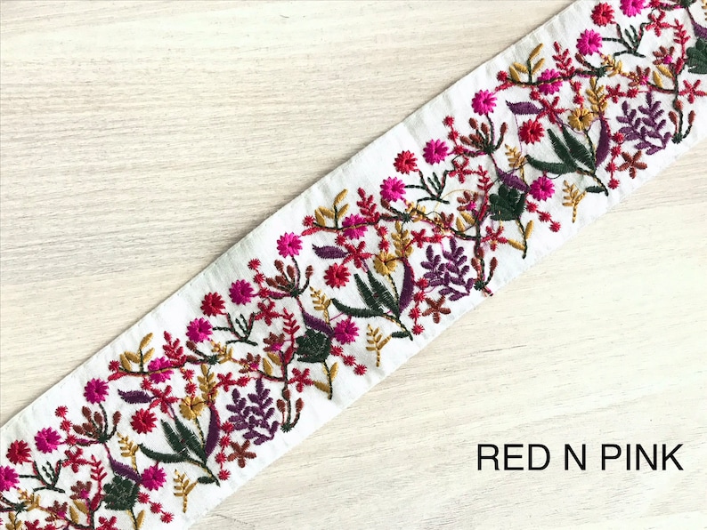 Embroidered Sari Fabric Trim Ribbon for boho clothing, Wedding Dress, Sari Border, Saree Border, Indian Trim By The Yard, Table Runner Red N Pink