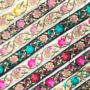 Floral Sari Fabric Trim-Multi Colour Embroidered Sari Border-Silk Sari Fabric-Dupattas,Quilt Silk Ribbon-Indian Fabric-Table Runner-Lehengas