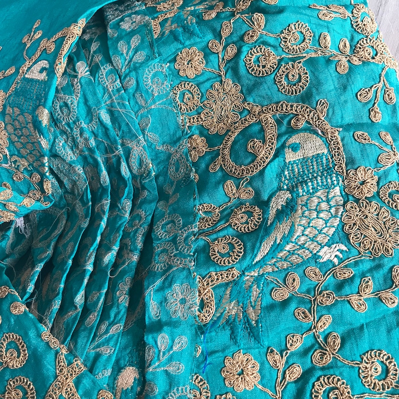 Half Yard-Green Sequins Embroidered Raw Silk Fabric-Green Silk Sari Fabric-Table Runner-Art Quilts-Embroidered Bags-Crazy Quilt-Dupin Silk