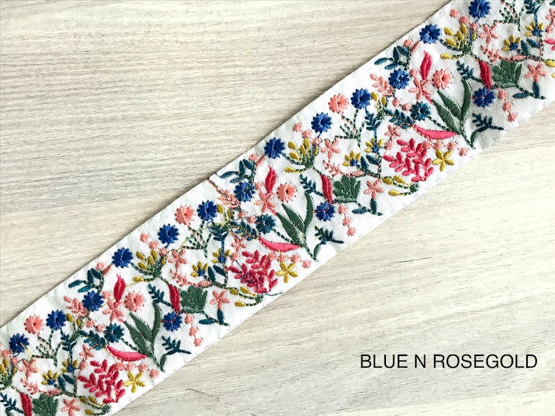 Embroidered Sari Fabric Trim Ribbon for boho clothing, Wedding Dress, Sari Border, Saree Border, Indian Trim By The Yard, Table Runner Blue N Rose Gold