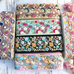 Bordure en tissu net, bordure en sari brodé multicolore pour carnets bohèmes, robe de mariée, vestes en jean, embellissements de décoration intérieure