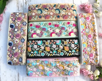 Net Fabric Trim, Multi Colour Embroidered Saree Border for boho junk journals, Wedding Dress, denim jackets, home decor embellishments