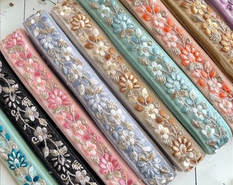 Haftowana koronka z siateczki | 2,5-centymetrowa indyjska siateczka z kwiatowym wzorem do sari, lehenga, dupatty, szycia ślubnego i rękodzieła