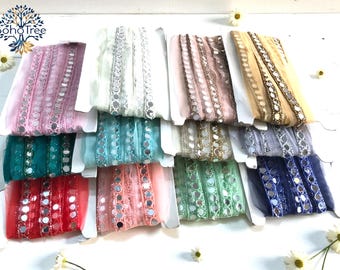 Hand Beaded Net Fabric Trim, Real Mirrors, Embroidered Sari Border