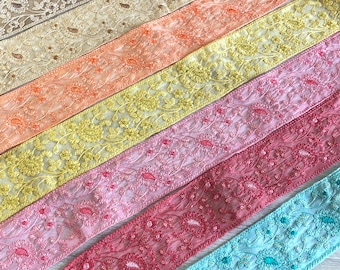 Organza Fabric Trim - Embroidered Trim -Multi-coloured Thread Sari Border-Indian Designs Sequinned Trims-Crazy Quilts Silk Fabric Trim