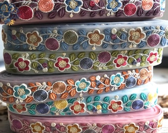Floral Embroidered Net Fabric Trim, Sari Border, Indian Ribbon