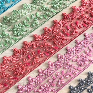 Pearls Dentelle Trim par yard sur Net Tissu-Brodé Net Fabric Ribbon-Sari Fabric Trim-Art Quilt Fabric trim-Silk Sari Border Trim