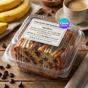 Può includere: Una pagnotta a fette di banana bread con gocce di cioccolato in un contenitore di plastica trasparente. L'etichetta recita "Chocolate Chip Banana Bread" ed elenca gli ingredienti. Banane e una tazza di caffè sono sullo sfondo. Peso netto: 227 g.