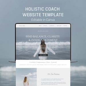 Könnte beinhalten: Ein Laptop mit einer Website-Vorlage für einen ganzheitlichen Coach. Das Webdesign verfügt über eine beruhigende Farbpalette und enthält den Text "Find Balance, Clarity & Inner Alignment". Die Vorlage ist in Canva editierbar.