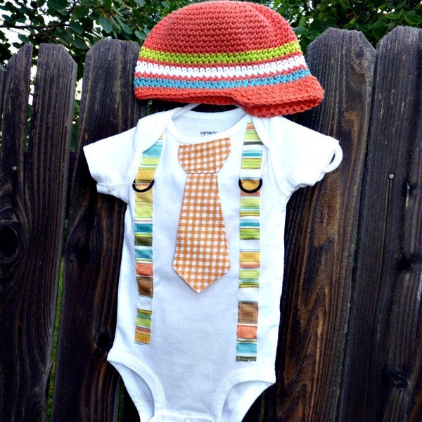 Get the Set and Save--Baby Beanie and Tie/Suspender Onesie Set- Orange and Lime, White, Blue Stripes