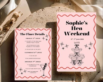 May include: Two pink cards with red wavy borders. One card says "Sophie's Hen Weekend" with a champagne glass graphic. The other card says "The Finer Details" with a list of events. Both cards have star graphics.