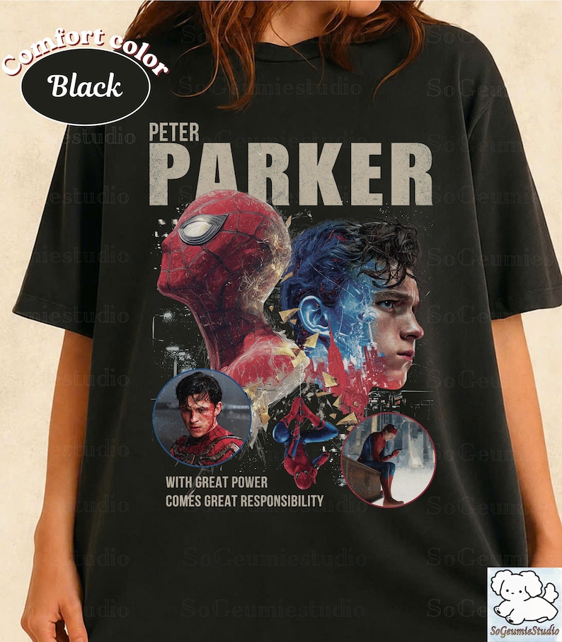 May include: A black short-sleeve t-shirt featuring a graphic print of Peter Parker and Spider-Man. The design includes the text "PETER PARKER" and "WITH GREAT POWER COMES GREAT RESPONSIBILITY," along with two circular inset images of the character.