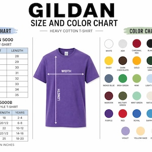 May include: A purple Gildan heavy cotton t-shirt with a size and color chart. The chart includes measurements in inches for adult and youth t-shirts, with chest sizes ranging from 14 to 32 inches and lengths from 18 to 35 inches. A color chart is also included.
