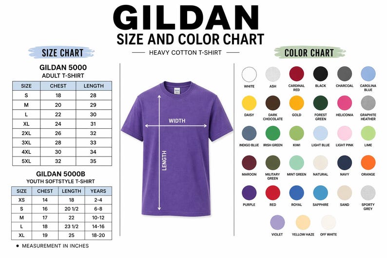 May include: A purple Gildan heavy cotton t-shirt with a size and color chart. The chart includes measurements in inches for adult and youth t-shirts, with chest sizes ranging from 14 to 32 inches and lengths from 18 to 35 inches. A color chart is also included.