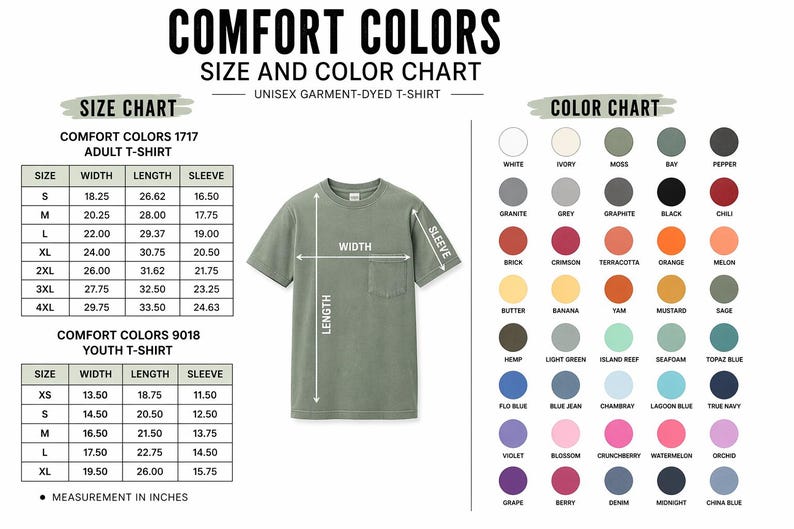 May include: A size and color chart for Comfort Colors unisex garment-dyed t-shirts. The chart includes measurements in inches for adult and youth sizes, along with a color palette featuring various hues.