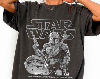 Vintage Star Wars The Mandalorian And Grogu Poster T-Shirt, Grogu Bounty Hunter Shirt, 90s Style Star Wars Shirt, Star Wars Fans Gift Tees