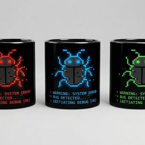 Pixel Bug "System Error" Programmer Mugs - (Red, Blue, Green Neon Variations)