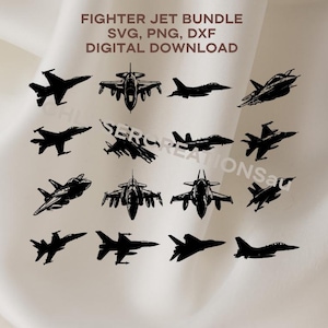Puede incluir: Colección de siluetas negras de aviones de combate en varios diseños, dispuestas sobre un fondo crema. El texto "FIGHTER JET BUNDLE SVG, PNG, DXF DIGITAL DOWNLOAD" está en la parte superior. La imagen presenta una variedad de aviones.
