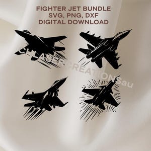 Puede incluir: Siluetas negras de aviones de combate en varias poses de vuelo sobre un fondo crema. La imagen incluye el texto "FIGHTER JET BUNDLE SVG, PNG, DXF DIGITAL DOWNLOAD".