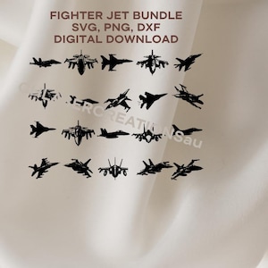 Puede incluir: Conjunto de siluetas negras de aviones de combate sobre un fondo crema. El texto "FIGHTER JET BUNDLE SVG, PNG, DXF DIGITAL DOWNLOAD" está en la parte superior. Los aviones varían en diseño, ideales para proyectos digitales.