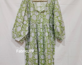Hand Block Print Cotton Midi Dress, Floral Botanical Boho Dress, Indian Cotton Summer Dress, Handmade Women Dress