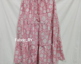 Pink block printed cotton maxi skirt, tiered skirts