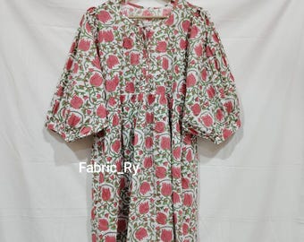 Pink and green Block printed dress cotton mini dress, blouse length top and tunic summer dress midi dress with pocket gift for her