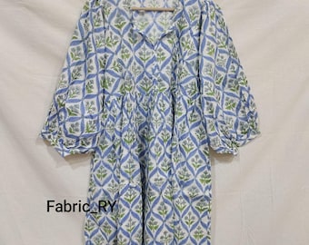 Block Print Cotton Midi Dress, Floral Boho mini dress tunic for women