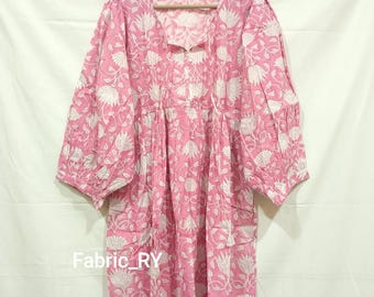 Pink Block Printed Cotton Midi Dress, Indian Summer Casual blouse length top & tunic gift for her