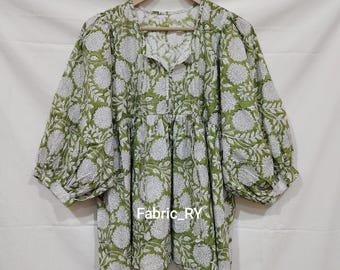 Green Block print cotton Tunic floral print short top dress Bohemian mini dress, gift for her