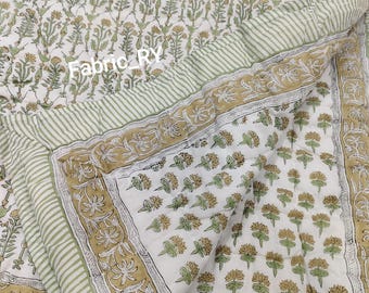 Block printed floral Quilt Handmade Reversible Blanket Jaipuri Rajai Indian cotton Bedspread Boho coverlet Twin, Queen, King size Bedding