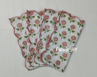 Block Printed Cotton cloth Napkins, Scalloped Dinner Napkins, floral tea towels (20x20 Inch)