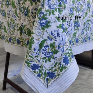 Tovaglia stampata a blocchi, verde, in cotone indiano, con motivo floreale, copritavolo da pranzo boho per la casa, feste ed eventi.
