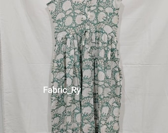 Green Block Print Cotton Midi Dress, Sleeveless Boho Summer Dress with pocket