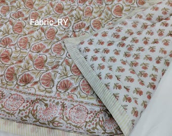 Block printed floral Quilt Indian Handmade Reversible Blanket Jaipuri Rajai cotton Bedspread Boho coverlet Twin, Queen, King size Bedding