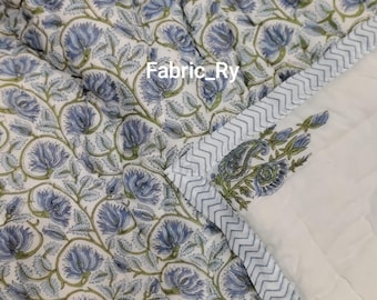 Block printed floral Quilt Indian Handmade Reversible Blanket Jaipuri Rajai cotton Bedspread Boho coverlet Twin, Queen, King size Bedding