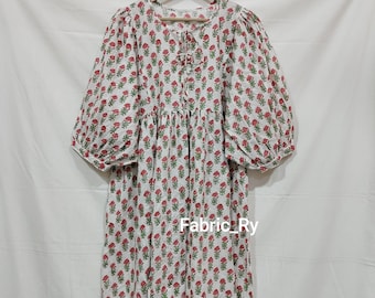 Block Printed Cotton Midi Dress, Pink & Green Floral, Blouse length Top and tunic mini dress, gift for her