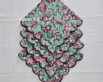 Block Printed Cotton cloth Napkins, Scalloped Dinner Napkins floral tea towels (20x20 Inch) for wedding and events