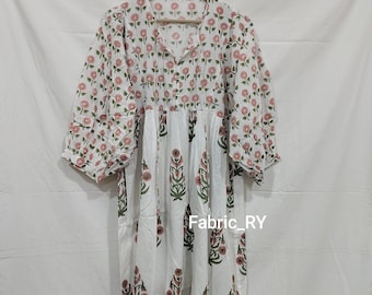 Peach Green Floral Block Print Dress, Hand Block Printed Cotton midi Dress, Boho Indian Summer mini Dress, Floral Cotton Tunic