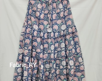Blue hand block printed maxi skirt, summer cotton floral tiered skirts gift for her