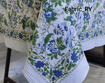 Green Block printed tablecloth Indian cotton floral dining table cover boho table linen for home, party and event Decor