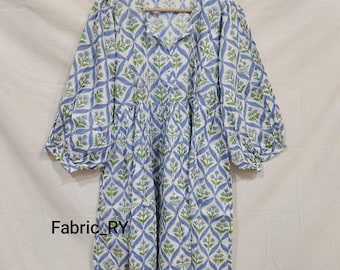 Hand Block Print Cotton Mini Dress Indian floral boho summer midi dress