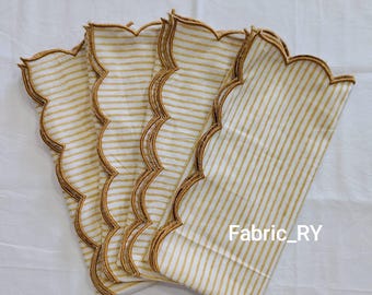 Scalloped Cotton Dinner Napkins (20x20 inch), Block Printed Cloth Napkins for wedding and events