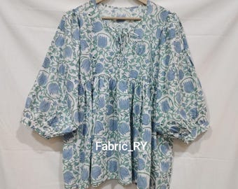 Block print cotton summer Tunic floral print short top dress Bohemian mini dress,   gift for her